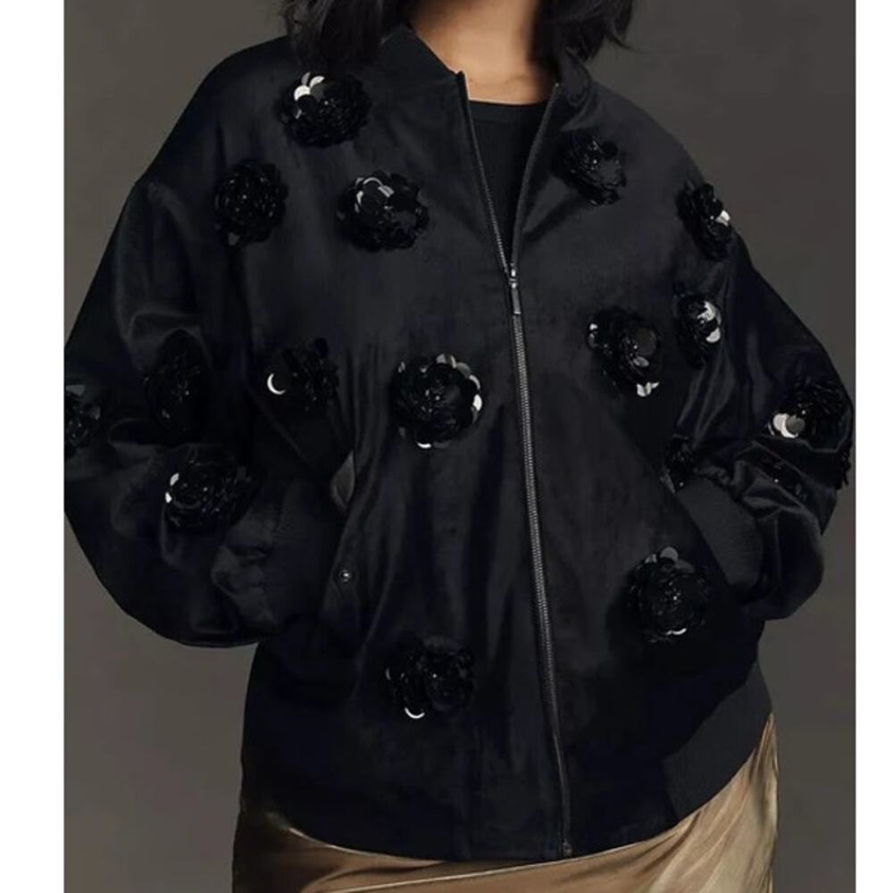 Eva Franco Black Velvet Floral Embroidered Bomber Zip Up Jacket Women's XL
